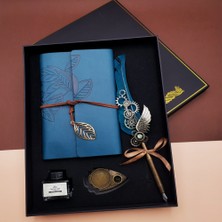 Pileli Store Kaligrafi Kalem ve Vintage Tasarım Deri Defter Mavi