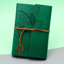 Pileli Store Yeşil Deri Kapaklı Yaprak Desenli Defter