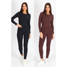 Soft & Basic Kadın 2'li Uzun Kollu Bisiklet Yaka Atlet Premium Kumaş Tayt Alt-Üst Tayt Takım