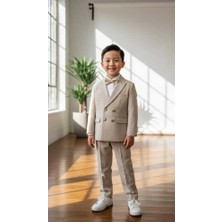 Beystil Sivri Yaka Krem Çizgili Çocuk Kruvaze Elbise - Slim Fit