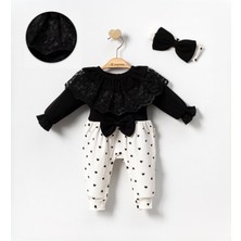 Lenna Baby Kız Bebek Dantelli Fiyonklu Tulum Kalpli Desenli Siyah Ekru Bebek Tulum Seti Saç Bantlı