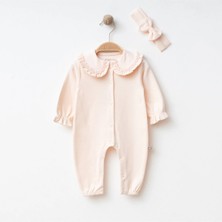 Lenna Baby Kız Bebek Papatya Yaka Dantelli Tulum ve Fiyonklu Bandana Çiçek Işlemeli Bebe Yakalı %100 Pamuk