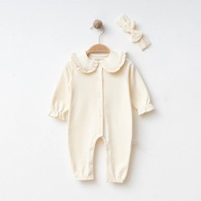 Lenna Baby Kız Bebek Papatya Yaka Dantelli Tulum ve Fiyonklu Bandana Çiçek Işlemeli Bebe Yakalı %100 Pamuk