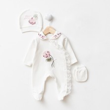 Lenna Baby Yenidoğan Kız Bebek Hastane Çıkışı 3'lü Set Çiçek Nakışlı Pamuklu Tulum Takımı