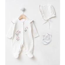 Lenna Baby Yenidoğan Kız Bebek Hastane Çıkışı 3'lü Set Gül Nakışlı Pamuklu Tulum Takımı