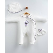Lenna Baby Yenidoğan Kız Bebek Hastane Çıkışı 3'lü Set Lavanta Nakışlı Pamuklu Tulum Takımı