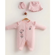 Lenna Baby Yenidoğan Kız Bebek Hastane Çıkışı 3'lü Set Gül Nakışlı Pamuklu Tulum Takımı
