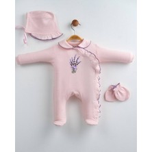 Lenna Baby Yenidoğan Kız Bebek Hastane Çıkışı 3'lü Set Lavanta Nakışlı Pamuklu Tulum Takımı