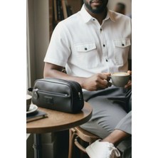 QUB CLUB Unisex Siyah Deri Su Geçirmez Seyahat Makyaj Düzenleyici Çanta