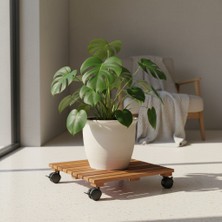 Tekerlekli Saksı ve Damacana Altlığı - Masif Teak - 50X50 cm - Frenli