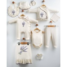 Lenna Baby %100 Pamuk 10'lu Yenidoğan Kız Bebek Hastane Çıkışı Seti Lavanta Nakışlı Ekru Bebek Hastane Seti