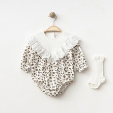 Lenna Baby Dantel Yakalı Leopar Desenli Kız Bebek Tulum & Çorap Seti Romper | %100 Pamuk Uzun Kollu Bebe Body