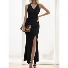 Tiana Kadın Ip Askılı Kruvaze Yakalı Yırtmaçlı Uzun Ithal Krep Elbise