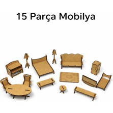 Porsuk Modern Ahşap Oyuncak Ev Mobilyası Oyuncak Ev Eşyası Seti 15 Parça Mobilya Eşya Seti