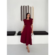 Barış Beauty Kadın Bisiklet Yaka Kollar Fırfırlı Kemer Dahil Double Kumaş Midiboy Elbise