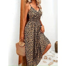 Barış Beauty Kadın Ip Askılı Kruvazeli Yakalı Beli Lastikli Leopar Desenli Uzun Süprem Elbise