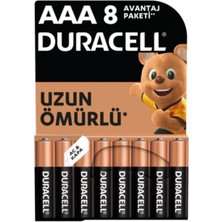 Duracell 1,5V Alkalin AAA İnce Kalem Pil (LR03 / MN2400) 8'li Paket Uzun Ömürlü Tek Kullanımlık Pil