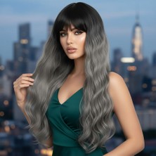 Esplendor Perçemli Uzun Su Dalgası Fiber Sen Peruk / Siyah / Gri Ombreli