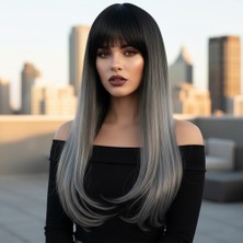 Esplendor Fiber Sen Uzun Düz Kahküllü Peruk / Siyah Gri Ombreli