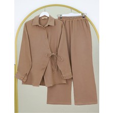 Modamorfo Çapraz Düğmeli Çift Bağcıklı Müslin Takım -Vizon