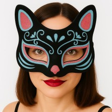 Esplendor Siyah Renk Süet Kaplama Üzeri Mavi Kırmızı Simli Kedi Maskesi 17X14 cm