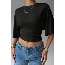Tarz Cool Kadın Crop Bluz Yarım Kol Salaş Fit Yüksek Bel Büzgülü Basic Tişört