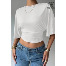 Tarz Cool Kadın Crop Bluz Yarım Kol Salaş Fit Yüksek Bel Büzgülü Basic Tişört