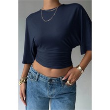 Tarz Cool Kadın Crop Bluz Yarım Kol Salaş Fit Yüksek Bel Büzgülü Basic Tişört
