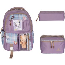 Relaxion RLX-1395 3'lü Set Çocuk Ilkokul Çantası Kalemlikli Beslenme Çantalı Sırt Çantası Gülkurusu