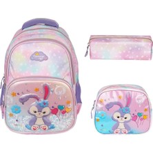 Relaxion Tavşan Figürlü Pembe Kız Çocuk Ilkokul Sırt Çantası Beslenme Çantası Kalemlik Üçlü Takım