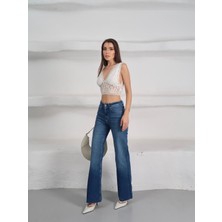 Kadın Flare Fit Pus-Up Jean Mavi Kot Pantolon