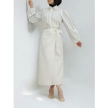 Modamorfo Yandan Bağlamalı Keten Etek -Bej