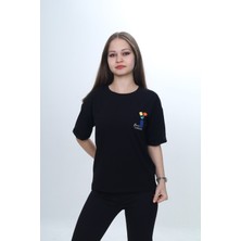 Toontoy Kız Çocuk Baskılı Bisiklet Yaka Düşük Omuz Kısa Kollu Tişört 24974