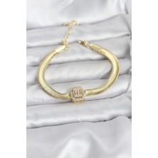 Çelik Gold Renk Baget Zirkon Taşlı Yılan Zincirli Kadın Bileklik