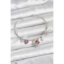 Gül Charmlı Gümüş Renk Pirinç Kadın Bileklik