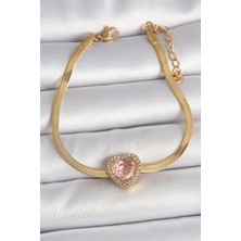 Çelik Gold Renk Italyan Zincir Pembe Zirkon Taşlı Kalp Model Kadın Bileklik