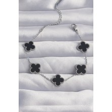 Çelik Gümüş Renk Siyah Mineli Yonca Bileklik