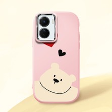 HONTINGA Vivo Y02S ile Uyumlu Kılıfı Kamera Korumalı Düşüme Önleyici Basitlik Pembe Yumuşak Silikon Telefon Kılıfı Ayı Desenli K4-0185