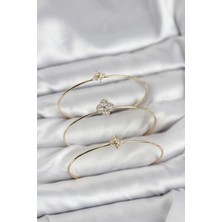 Zirkon Taşlı Gold Renk Yonca Tasarım 3'lü Kadın Bileklik Kombini
