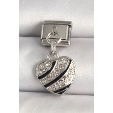 Çelik Gümüş Renk Zirkon Taşlı Kalp Model Nomination Charm