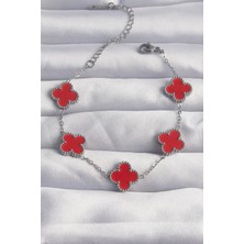 Çelik Gümüş Renk Kırmızı Mineli Yonca Bileklik