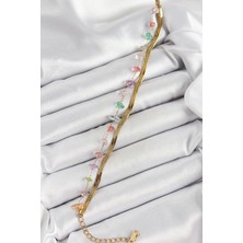 Çelik Gold Renk Kristal Karışık Renkli Taşlı Kadın Bileklik