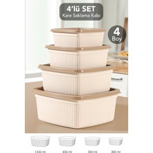 Meleni Home 4'lü Çizgili Kare Saklama Kabı Seti - Mikrodalgaya Uygun Gıda Kabı 1,35L 0,85L 0,5l 0,3l Bej