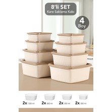 Meleni Home 8'li Çizgili Kare Saklama Kabı Seti - Mikrodalgaya Uygun Gıda Kabı 1,35L 0,85L 0,5l 0,3l Bej