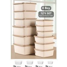 Meleni Home 12'li Çizgili Kare Saklama Kabı Seti - Mikrodalgaya Uygun Gıda Kabı 1,35L 0,85L 0,5l 0,3l Bej