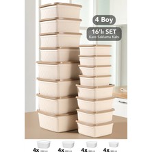 Meleni Home 16'lı Çizgili Kare Saklama Kabı Seti - Mikrodalgaya Uygun Gıda Kabı 1,35L 0,85L 0,5l 0,3l Bej