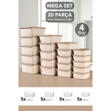 Meleni Home 20'li Çizgili Kare Saklama Kabı Seti - Mikrodalgaya Uygun Gıda Kabı 1,35L 0,85L 0,5l 0,3l Bej