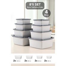 Meleni Home 8'li Çizgili Kare Saklama Kabı Seti - Mikrodalgaya Uygun Gıda Kabı 1,35L 0,85L 0,5l 0,3l Gri