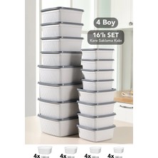Meleni Home 16'lı Çizgili Kare Saklama Kabı Seti - Mikrodalgaya Uygun Gıda Kabı 1,35L 0,85L 0,5l 0,3l Gri