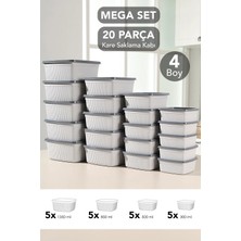 Meleni Home 20'li Çizgili Kare Saklama Kabı Seti - Mikrodalgaya Uygun Gıda Kabı 1,35L 0,85L 0,5l 0,3l Gri